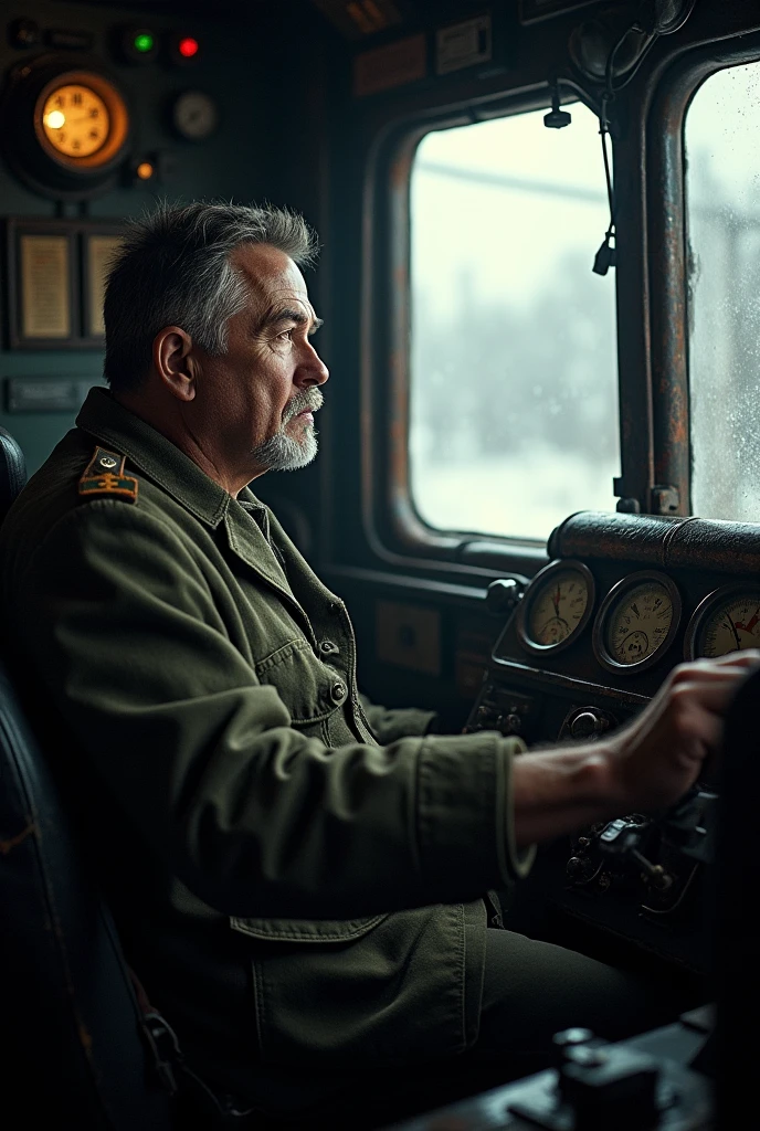 masterpiece, best quality,Soviet man,Steam locomotive cockpit,Looking up,World War II,About to travel,dimly lit scene,Dim Lights,Snow