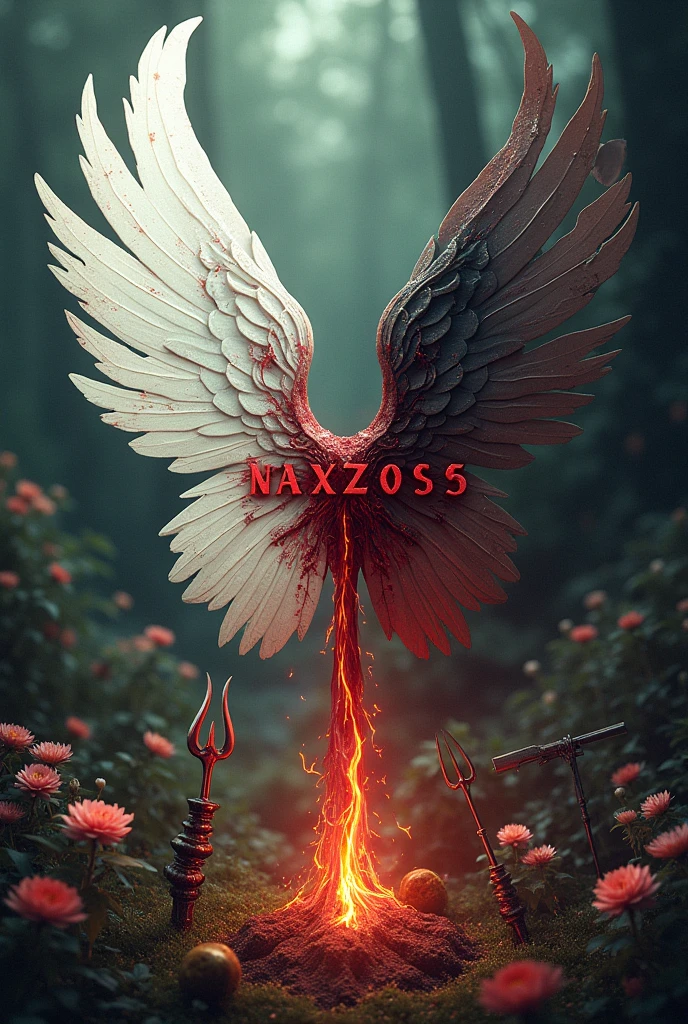 There is a white fantasy title "NAXZOSS" written on a half cutted white wing of a fairy. The wing is covered with blood and fire. The background is half fairy land where fairies & some flowers and half background is devil land where devils & skeletons. A half cutted trident and half cutted gun used in the title. A realistic, 3D, aesthetic, and fantasy poster.