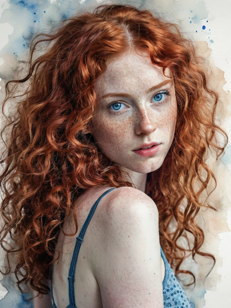 1 fille dans, 25 ans, Seulement, Aesthetic work, rousse irlandaise, wavy red hair, cheveux roux mi-longs, yeux gris, yeux gris clair, quelques petites taches de rousseur, pale skin, Une tasse, Petits seins, corps des coureurs, photo de tout le corps, (Textured skin, pores de la peau:1.1), (taupes:0.8), peau imparfaite, chair de poule, In a dimly lit room, elongate, curled up, elongate sur le lit, (position fœtale: 1.7), (triste:1.3), pleurs, expression depressed, faire la moue, (fond d'extremely detailed 8K display), soft lighting, High quality, Grains de films, Mise au point nette du Fujifilm XT3, f5.6, 50mm, high detail, Sharpness,(natural light), (attractive), oversized thin t-shirt bleu, t-shirt bleu, Realistic, ultra realistic, Realistic photo, crazy details, intricate details, Hyper detailed,