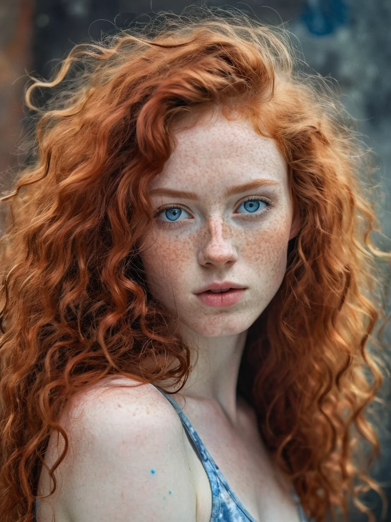 (((long fluffy curly red hair))) face portrait of An extremely Beautiful young Woman, pale skin, blue eyes, freckle,  gritty sharp focus, intricate, watercolor, long red hair, long hair, , short athletic legs, big ass, full body 