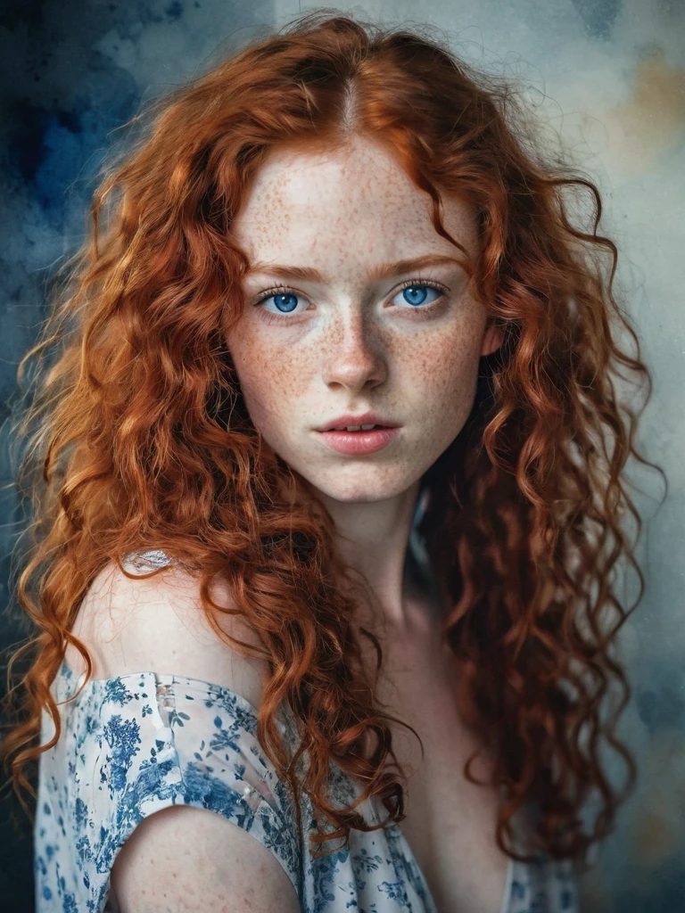 (((long fluffy curly red hair))) face portrait of An extremely Beautiful young Woman, pale skin, blue eyes, freckle, gritty sharp focus, intricate, watercolor, long red hair, long hair, , short athletic legs, big ass, full body