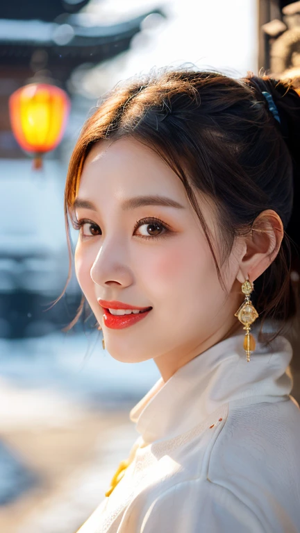 (1 girl, youthful gorgeous Lady,  brown_eyes, brown_hair, cross_earrings, earrings, jewellery, Ancient China, Traditional Hanfu, White Hanfu, Hanfu, natural pose in a snowy night,  

Detailed Beautiful face, Detailed Facial Features, dimples, Kind smile, Red lips, short hair, bob hair, cute ponytail, extremely detailed eyes,  extremely detailed face, beautiful detailed lips, long eyelashes, arms close together, ears out, golden ratio face, golden ratio body, perfect body anatomy, huge breasts, big breasts, 

(SNOW:1.3),
Night outdoors,  snow flakes, snow, winter,
(best quality, 4K, 8k, highres, masterpiece:1.2), ultra-detailed, (realistic, photorealistic, photo-realistic:1.37), HDR, UHD, sun light, ultra-fine painting, sharp focus, physically-based rendering, extreme detail description,  professional, vivid colors, award-winning, bokeh, cowboy_shot, SFW, Safe for Work)
