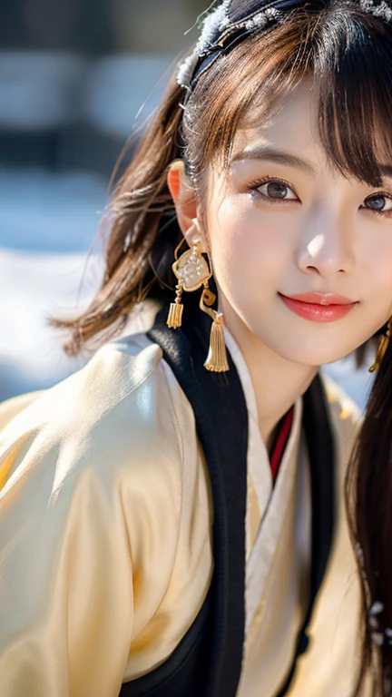 (1 girl, youthful gorgeous Lady, brown_eyes, brown_hair, cross_earrings, earrings, jewellery, Ancient China, Traditional Hanfu, White Hanfu, Hanfu, natural pose in a snowy night,
Detailed Beautiful face, Detailed Facial Features, dimples, Kind smile, Red lips, short hair, bob hair, cute ponytail, extremely detailed eyes, extremely detailed face, beautiful detailed lips, long eyelashes, arms close together, ears out, golden ratio face, golden ratio body, perfect body anatomy, huge breasts, big breasts,
(SNOW:1.3),
Night outdoors, snow flakes, snow, winter,
(best quality, 4K, 8k, highres, masterpiece:1.2), ultra-detailed, (realistic, photorealistic, photo-realistic:1.37), HDR, UHD, sun light, ultra-fine painting, sharp focus, physically-based rendering, extreme detail description, professional, vivid colors, award-winning, bokeh, cowboy_shot, SFW, Safe for Work)