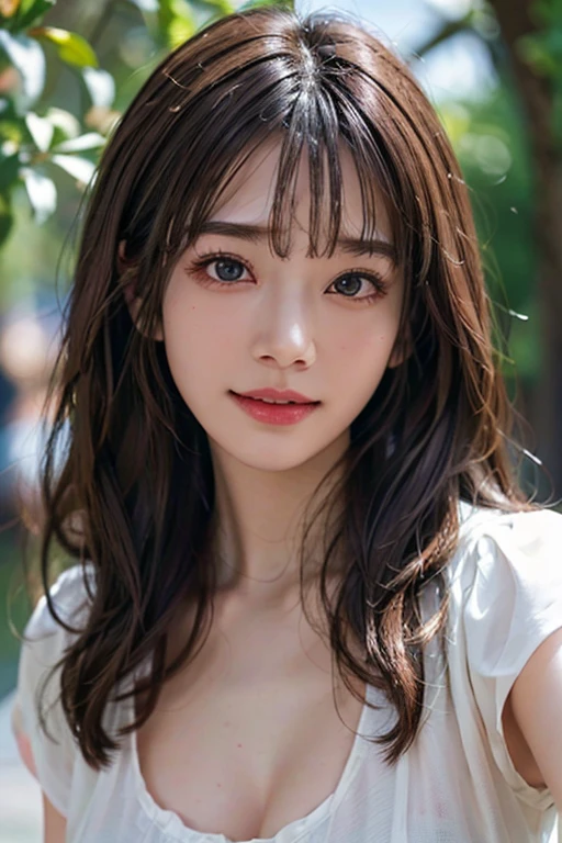 1girl, detailed beautiful eyes, detailed beautiful lips, extremely detailed face, long brown hair, smiling, oversized breasts, , simple background, best quality, 4k, 8k, highres, masterpiece:1.2, ultra-detailed, realistic, photorealistic:1.37, HDR, UHD, studio lighting, ultra-fine painting, sharp focus, physically-based rendering, extreme detail description, professional, vivid colors, bokeh