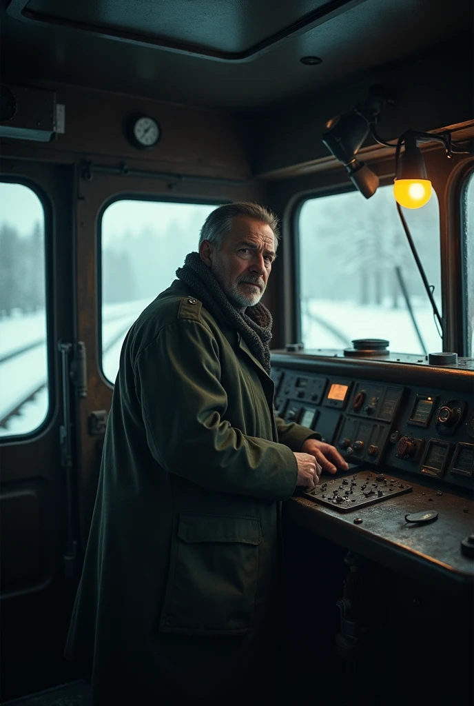 masterpiece, best quality,Soviet man，Steam locomotive cockpit，Looking up，World War II，About to travel，dimly lit scene，Dim Lights，Snow