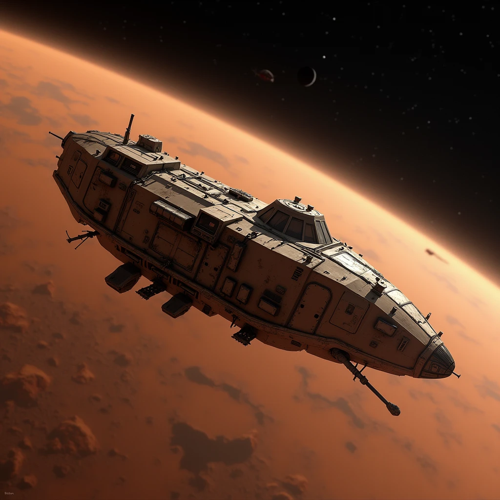 Supply carrier, shuttle ship, science fiction, low technology, Mars, satellite orbit, realistic, precision, masterpiece