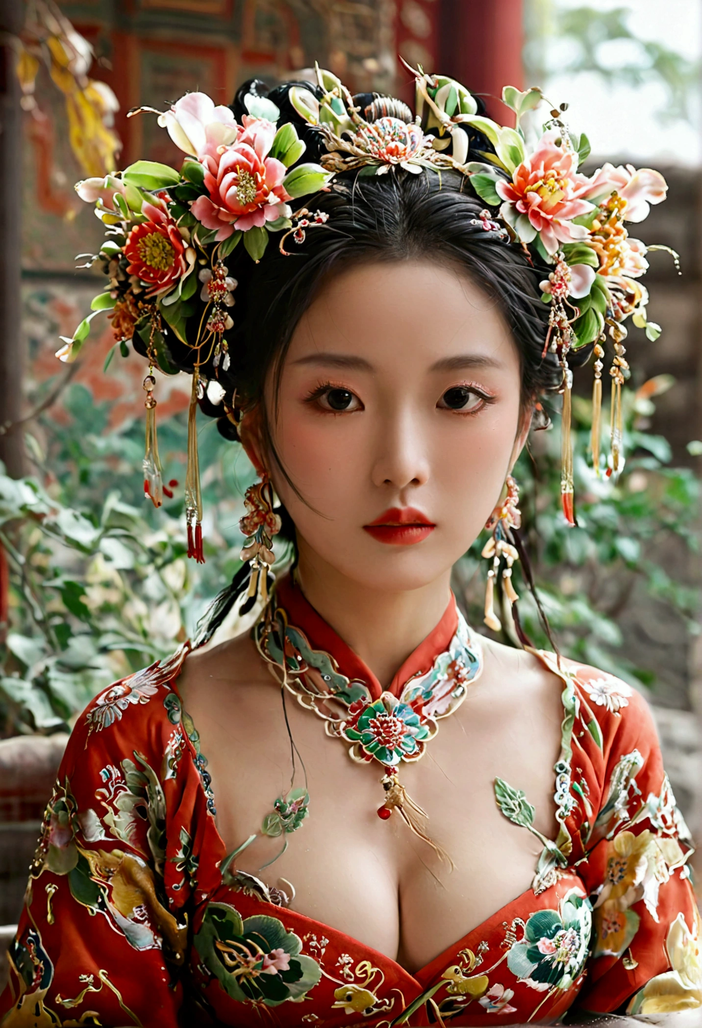 A woman seen from the front, bent over on the ground facing forward, legs spread apart, busty and naked, wearing a crown and showing her thighs and feet from below, in the Chinese imperial court of the Qing dynasty.。She is completely naked, showing off her gorgeous large flowers and hairpins, her hair tied up and pulled up, and the background is the stone paving of the Chinese palace of the Qing Dynasty.