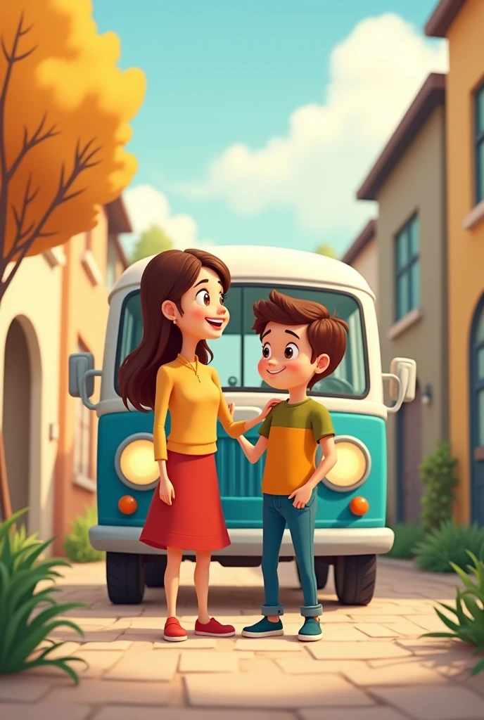 Cartoon mother with her adult son and embarking on a journey