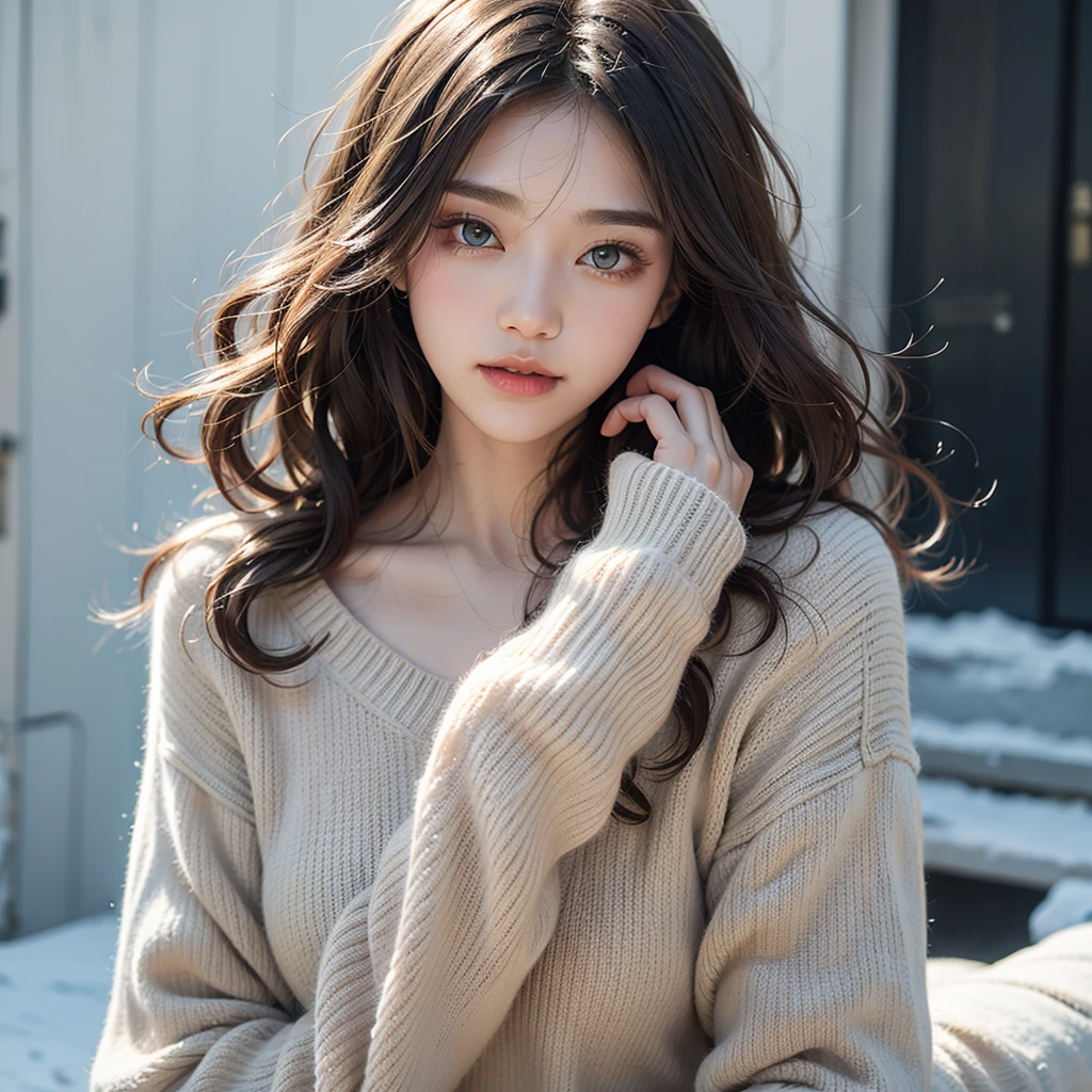 Olive beige hair, Ice Grey Eyes, Tiffany Blue、snow、Vibrant colors, White knitwear、Paint Splash, Luxury Background、Ray Tracing, Curly Hair