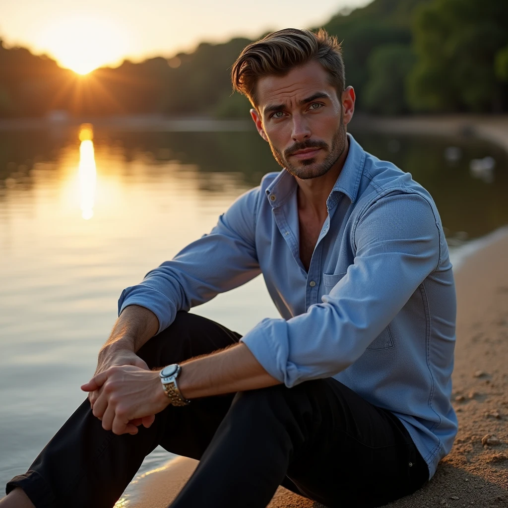 A white man, model type, com 30 anos, blue colored eyes, wearing a blue white shirt and black pants, sitting sideways with feet in the sand on a lake in Alentejo at sunrise and looking at the cam in a sexy way