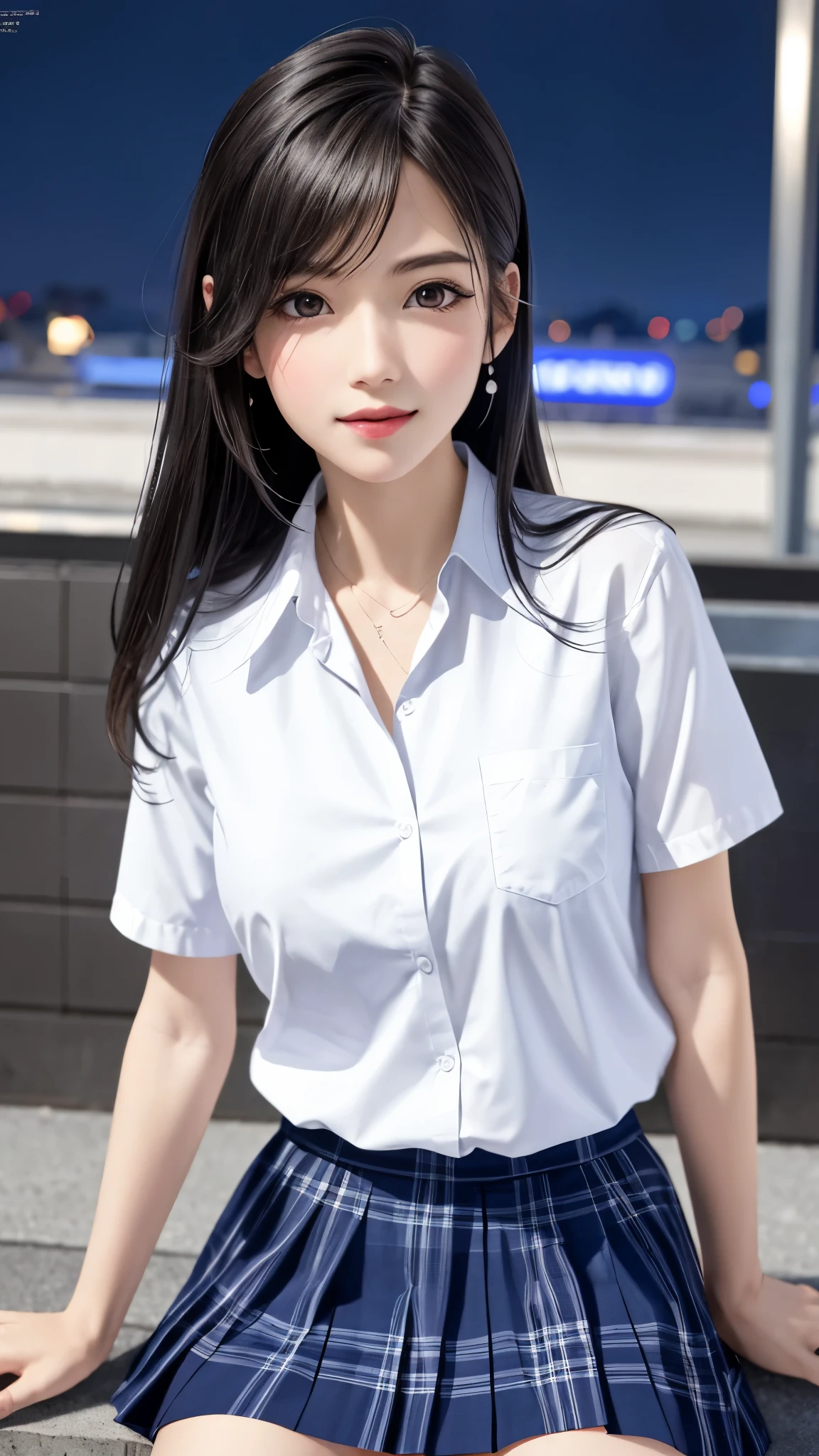 {Top Quality, Masterpiece}, (Realistic: 1.3), Wallpapers, ultra high res, ultra high quality, BREAK {{{FF7, Tifa_lockhart, solo}}},{{{Japan JK uniform, White short-sleeved shirt, Navy Blue Plaid Pleated Skirt, Dark blue short socks, loafers, see through shirt}}}, {{{Kawaii, Nogizaka idol}}}, Ultra-detailed face, Detailed eyes, Red eyes, (black brown hair, Large breasts: 1.0), About 18 years old, sensual, {{{erotic face ,erotic mouth, erotic eyes}}}, face focus:1.2, erotic pose:1.2, blush, shy ,smile, BREAK {{background The roof of the school, at night, moon light}},