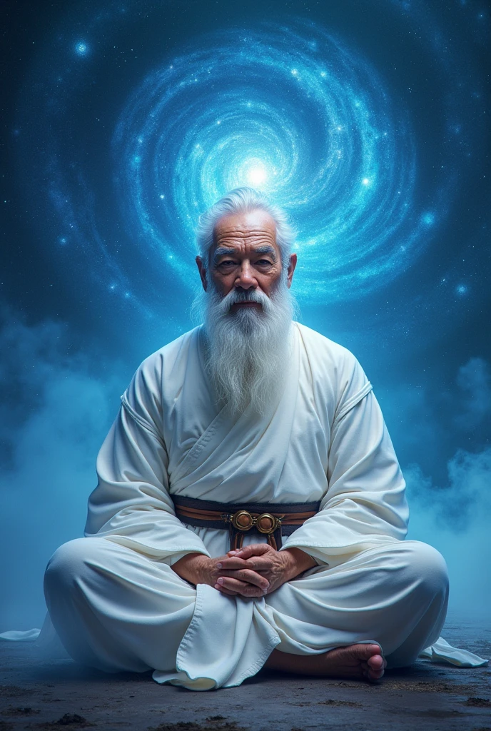 middle-aged bonze elder sitting in blue galaxy close-up,A meditative,There is a white beard,Meditation cross-legged,Daoism, Wear a white robe and a white belt,at centre,Face the lens,Space starry sky background,milky ways,Taoist master,Taoist,universe background,Very bright colors, Light particles, with light glowing, Mshiv, wallpaper art, UHD wallpaper