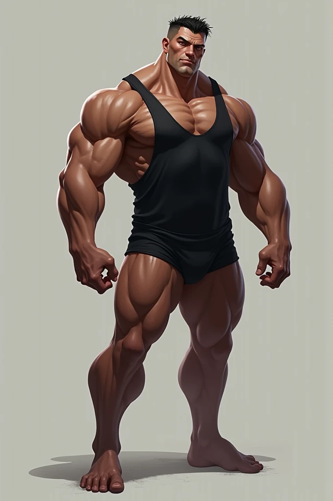 A man in black trunk underwear and were black tank top under vest.
