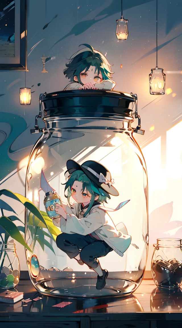 （（（（（（inside the jar））））））、a boy with、((((in a jar))))、charming、small, Happy atmosphere,, hat, Candy and Snacks, Gift, dark green hair,