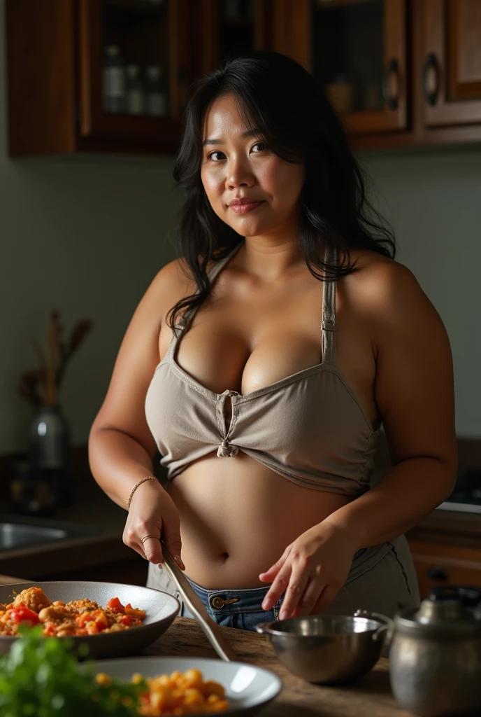 A beatiful indonesian woman, slightly plump, only wearing an apron without shirt, is cooking in the kitchen. The kitchen atmosphere is a background detail. look at the viewer, natural light, realistic photography, wide angle shot.