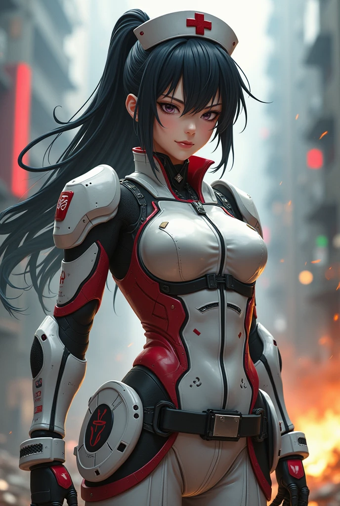 RUSSIAN WAIFU in combat exoskeleton, suit colors white blue and red, Very detailed, Vibrant, Ultra-high resolution, High Contrast, masterpiece:1.2, highest quality, Best aesthetics), (Small face), (Very detailedな肌:1.2)