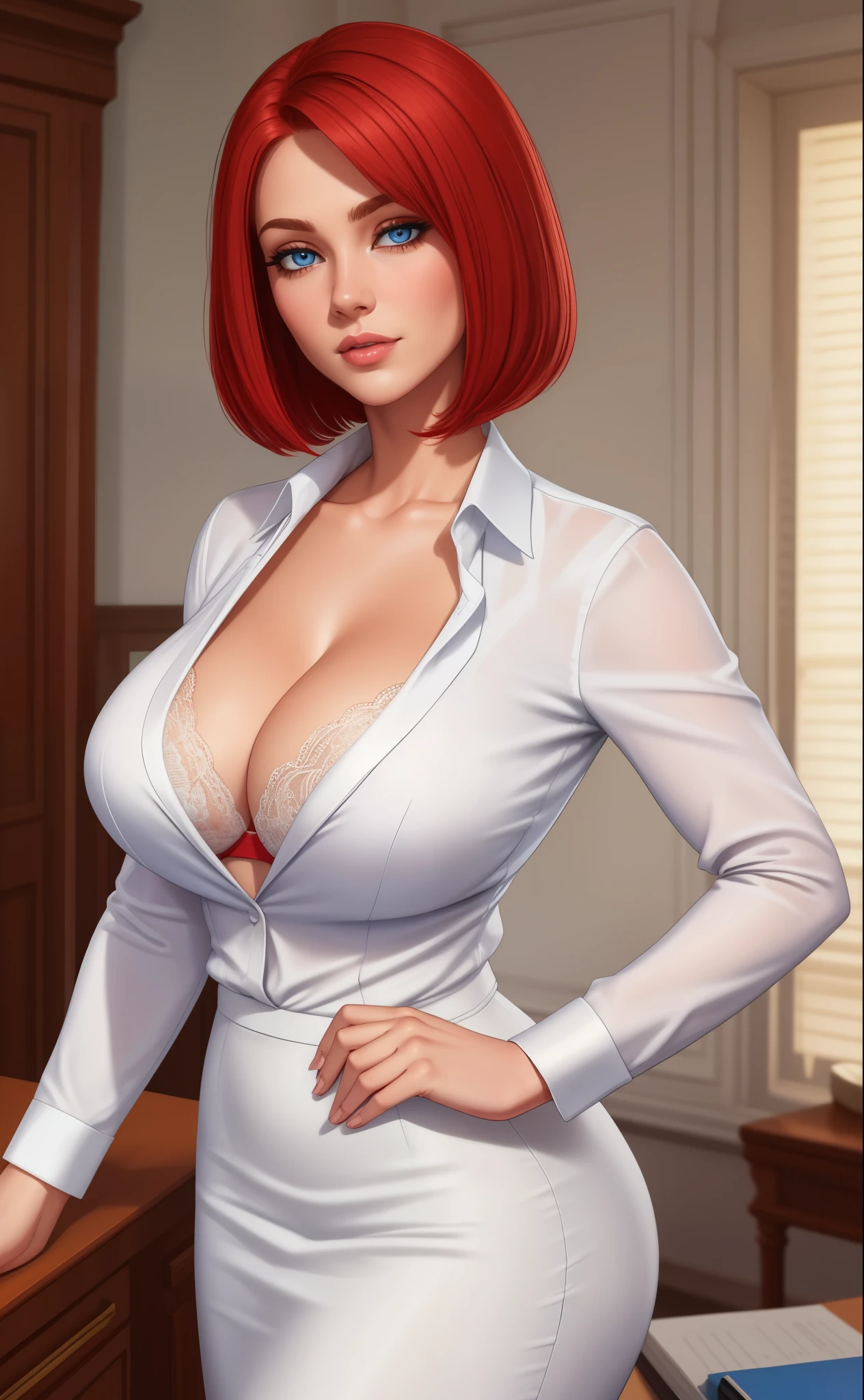 white silk shirt, deep v neck, business suit, red lace bra, pencil skirt, Carolyn Dunn, red hair, bob haircut, blue eyes,