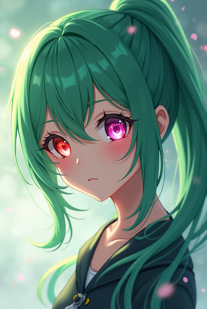 Anime　Green Hair Long　ponytail　Pink right eye　Red left eye　