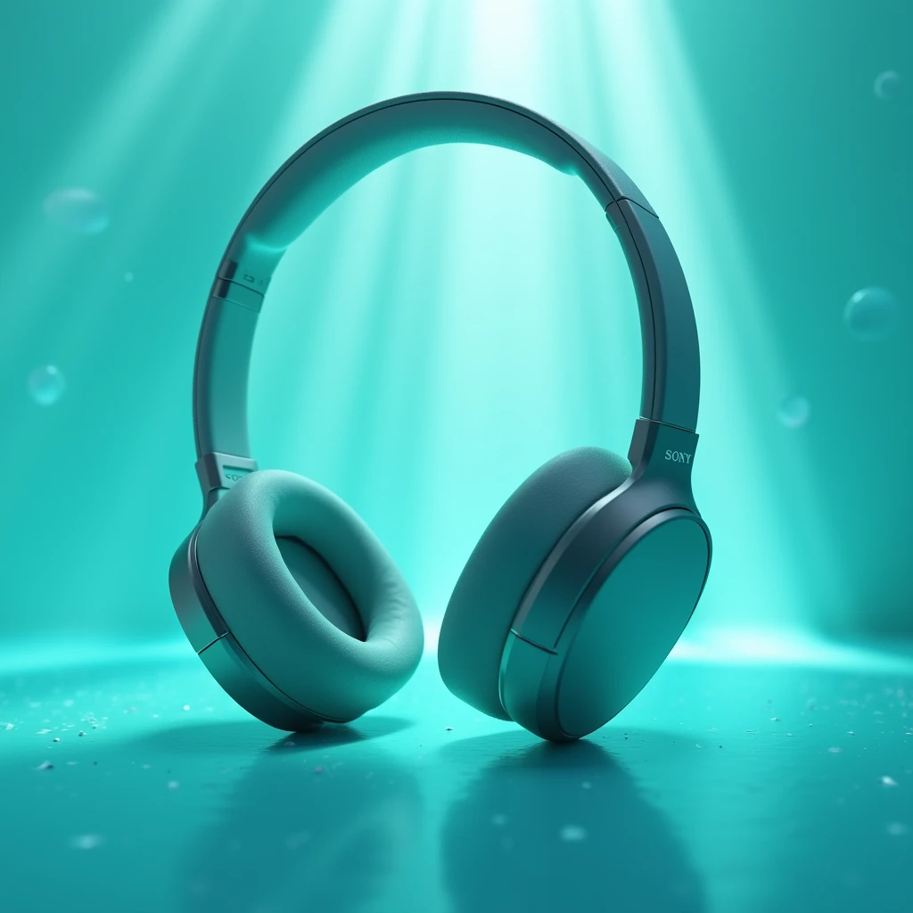  Sony headphones with a dreamy and beautiful turquoise background with light rays