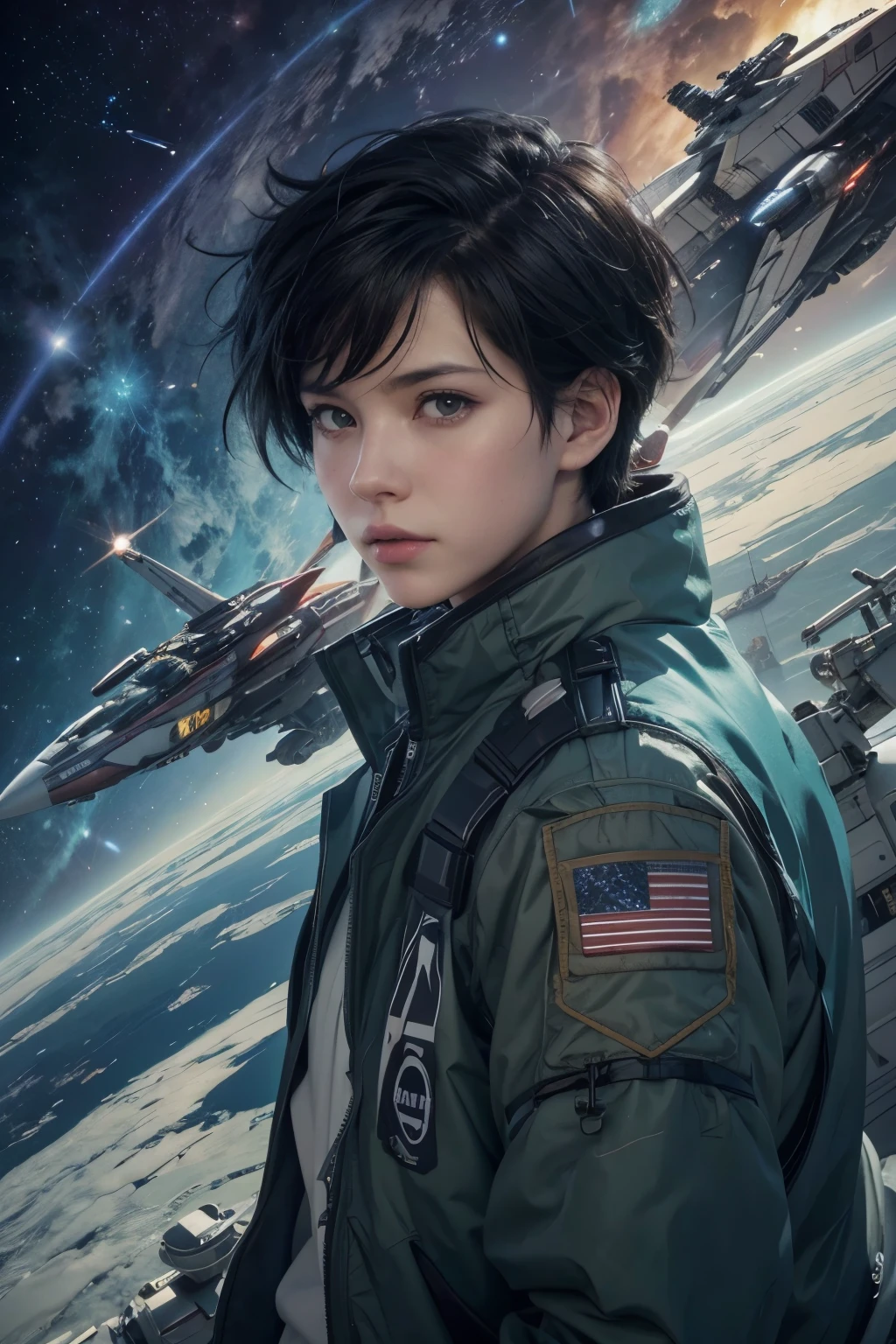Close-up of a person in a spacesuit with a spaceship in the background, Macross, style of Macross, modern Sci-fi anime, Macross franchise, makoto shinkai and bioware, 4K Manga Wallpapers, Sci-fi anime, Detailed digital anime art, Sci-fi anime, Anime Style 4k, 4k anime wallpaper