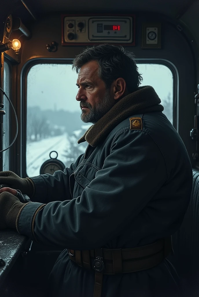 masterpiece, best quality,Soviet man,Steam locomotive cockpit,Looking up,World War II,About to travel,dimly lit scene,Dim Lights,Snow