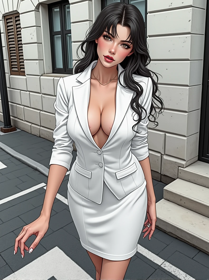 a 20 year old brunette girl, long wavy black hair with bangs, breasts big, hand exposed and extremely detailed, looking at the camera with a seductive look, extremely high detailed skin, freckles on the face,elegant
