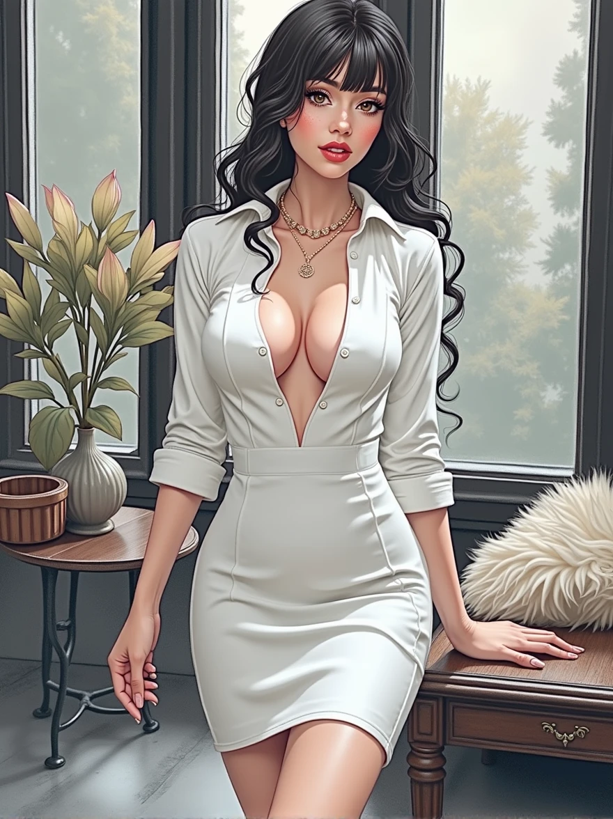 a 20 year old brunette girl, long wavy black hair with bangs, breasts big, hand exposed and extremely detailed, looking at the camera with a seductive look, extremely high detailed skin, freckles on the face,elegant