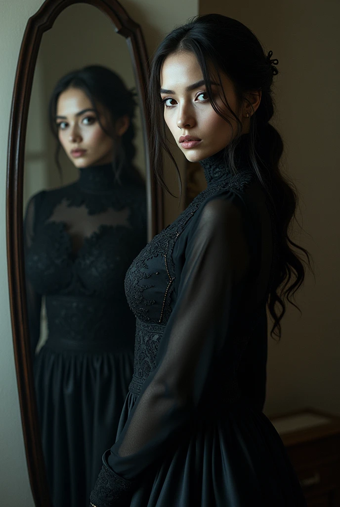 Kroliti sanon in full neck dress, mirror selfie