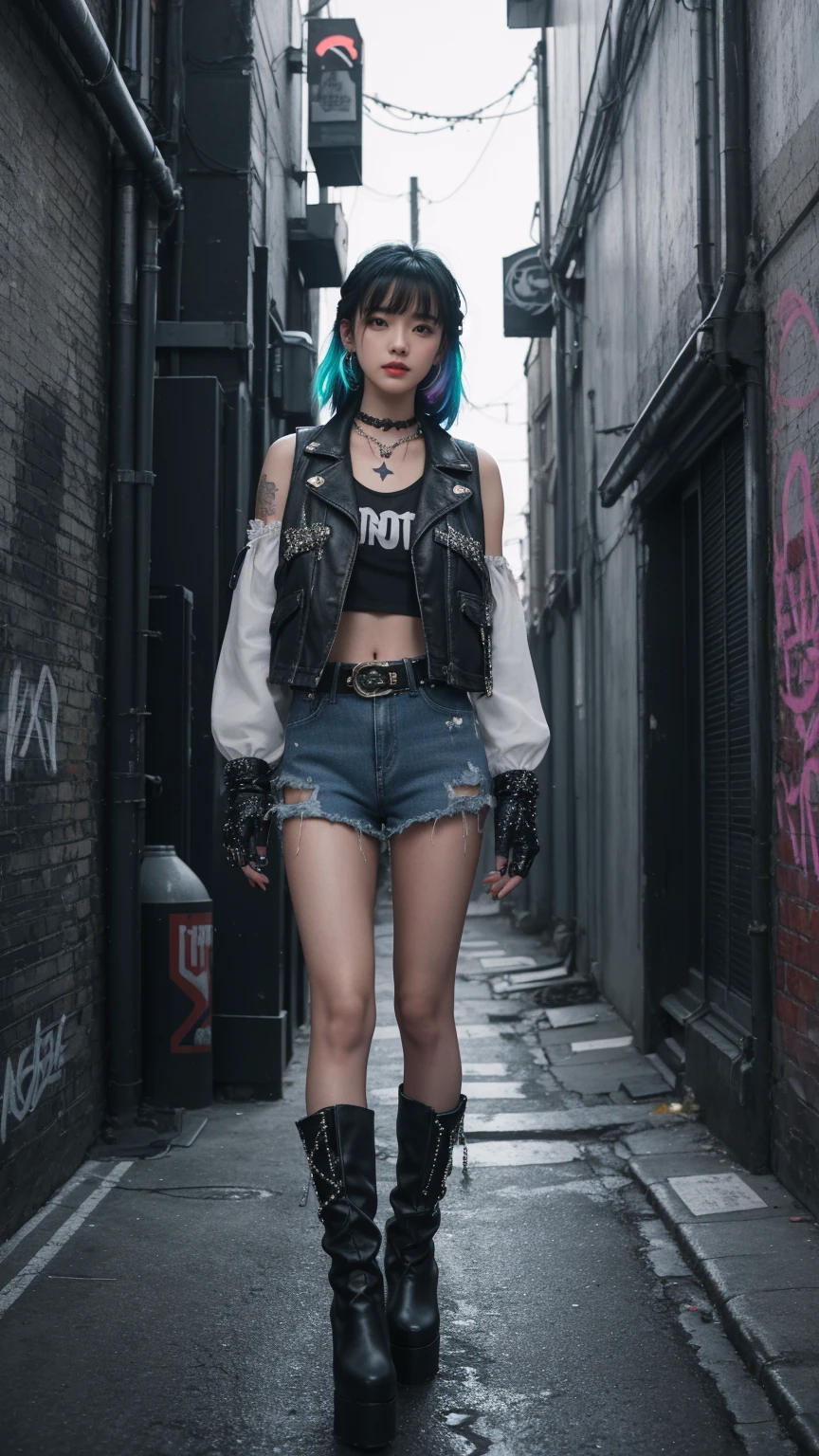A girl posing in a grungy, neon-lit urban alleyway. Black emo half hair, The girls wear edgy streetwear, jeans denim skirt, fur boots, glitter star hairclip, aesthetic top Y2K, vest, pearls and stars belt, half finger gloves, The alleyway is dark and atmospheric, with graffiti-covered walls and glowing neon signs, grungy aesthetic, high angle, night
