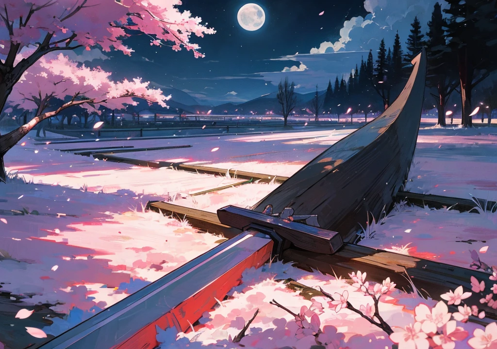 A legendary sword stick into the ground under the moonlight at night with a full moon in the middle of a cherry blossom field