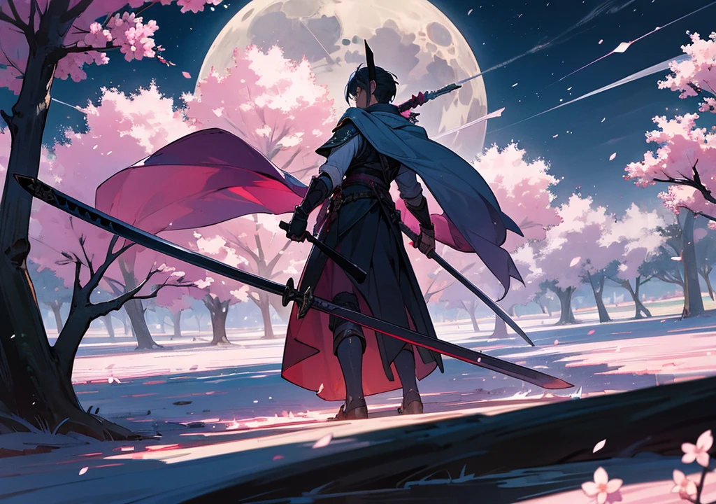 A legendary sword stick into the ground under the moonlight at night with a full moon in the middle of a cherry blossom field