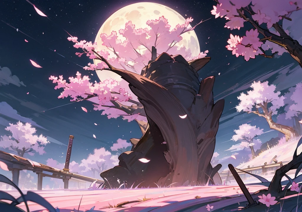 A legendary sword stick into the ground under the moonlight at night with a full moon in the middle of a cherry blossom field