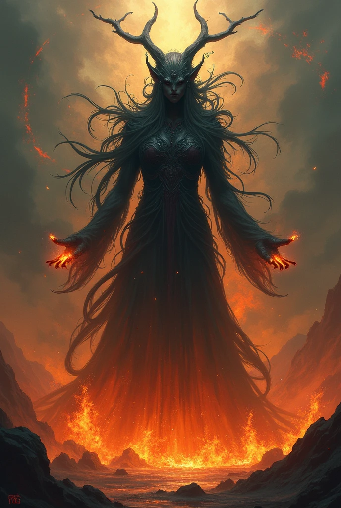 Create a terrifying image of Kyouen no Maihime, a ghostly dancer engulfed in flames. She dances within a raging fire, her face twisted into a maniacal grin. The setting should be a dark, burning theater or a shadowy, cursed forest, highlighting her fiery and malevolent nature.
