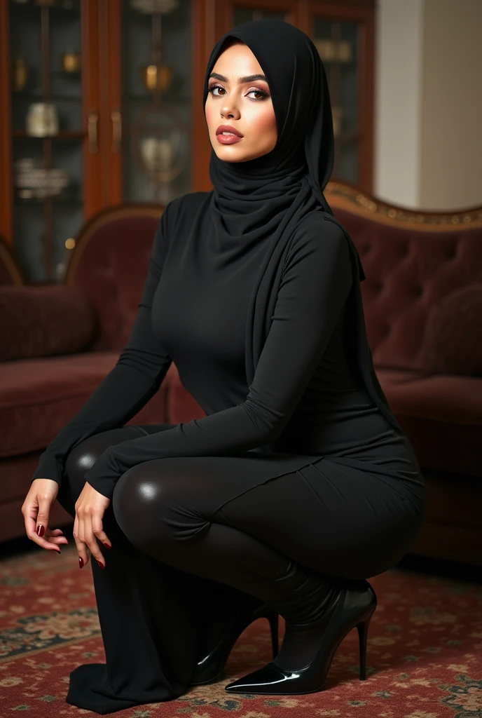 Hijab aunt with sexy body, beautiful big breasts, sitting squatting, wearing fullgar high heels