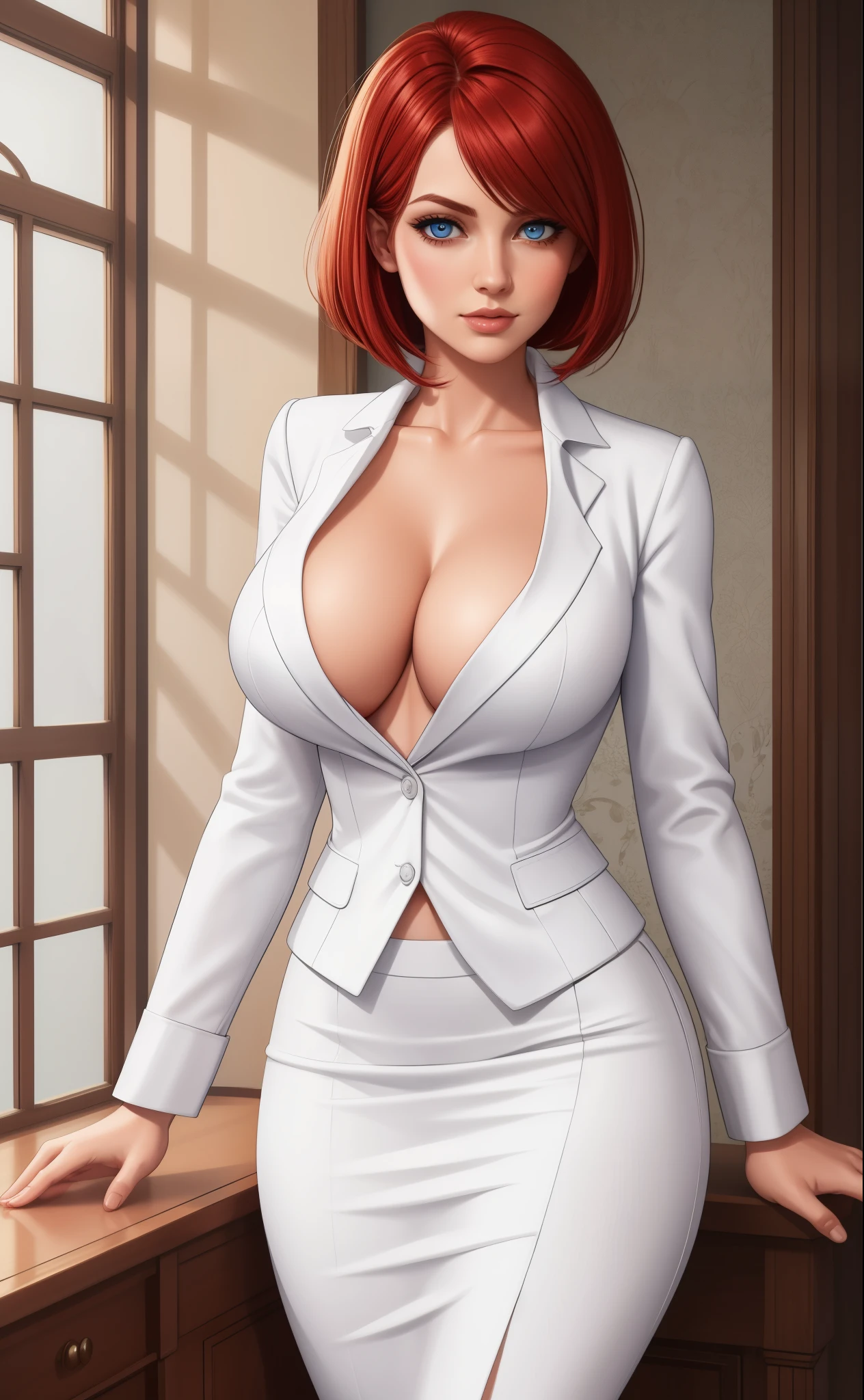 white silk shirt, deep v neck, business suit, red lace bra, pencil skirt, Carolyn Dunn, red hair, bob haircut, blue eyes,