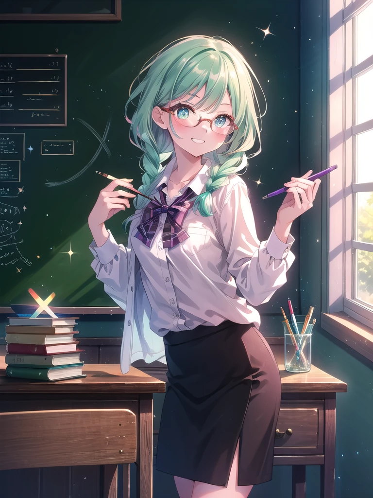 ((8k, Highest quality, masterpiece: 1.3)),Ultra-high resolution,(1 girl, alone), (Color changing eyes, Ultra-detailed, Expressive brilliance, Glitter, Glowing Eyes), Highly detailed eyes, Highly detailed face, Random Hair, ((pastel colour)),A lively young woman with pastel mint-green hair styled into twin braids, standing by her desk in her softly lit bedroom during a quiet afternoon. She is dressed in a modest yet subtly sexy schoolteacher cosplay, wearing a knee-length pencil skirt, a tucked-in blouse, and a pair of stylish glasses. The camera captures her from a frontal angle as she holds a chalkboard pointer with a playful grin, her expression full of warmth and approachability. The room is warmly lit by the afternoon sun, with a small bookshelf filled with books, a chalkboard on the wall, and a welcoming, educational atmosphere.