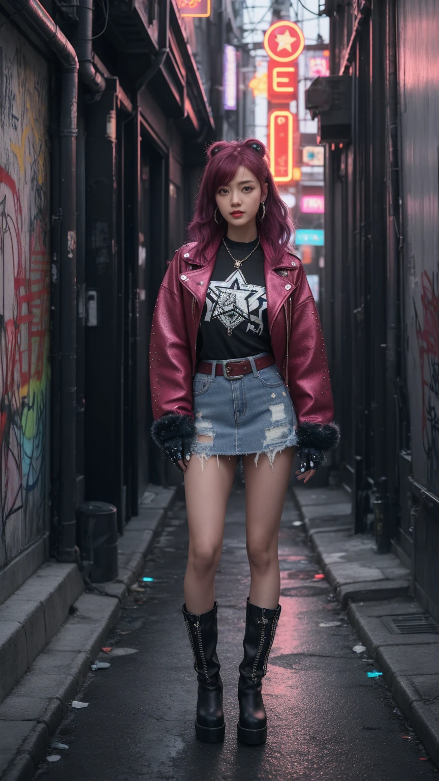 A girl posing in a grungy, neon-lit urban alleyway. Red maroon half hair, The girls wear edgy streetwear, jeans denim skirt, fur boots, glitter star hairclip, aesthetic top with fir on sleeves, pearls and stars belt, half finger gloves, The alleyway is dark and atmospheric, with graffiti-covered walls and glowing neon signs, grungy aesthetic, high angle, night