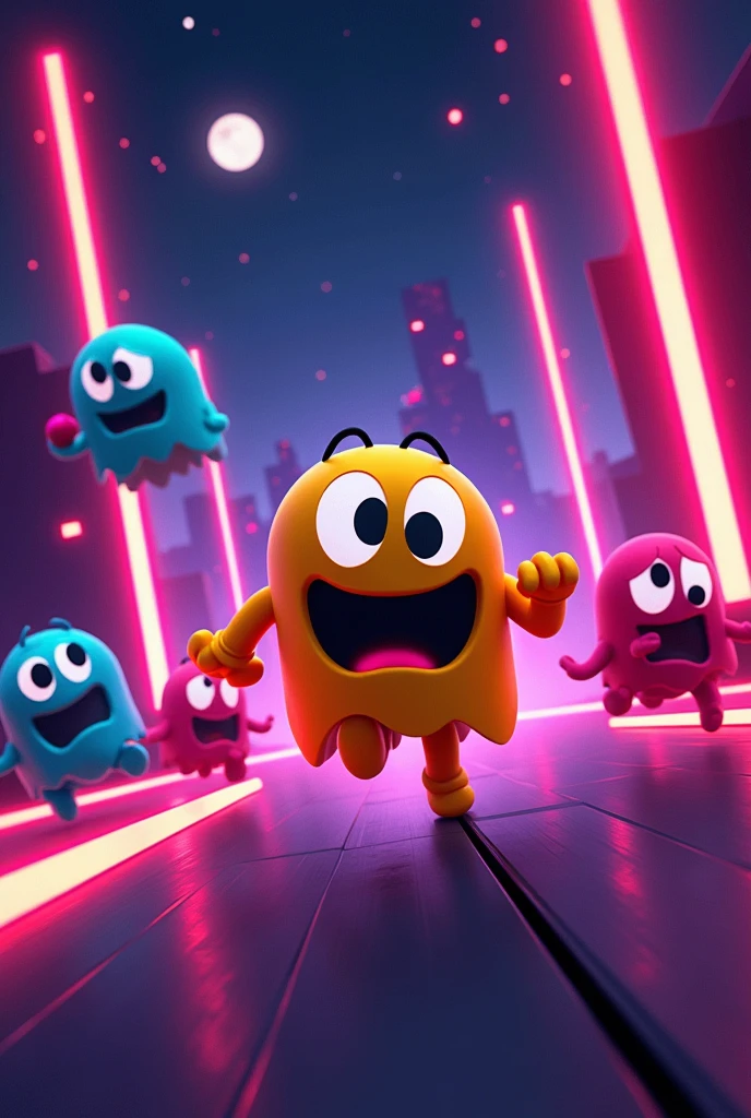 Pacman Ghosts running away in neon way 2D without many details