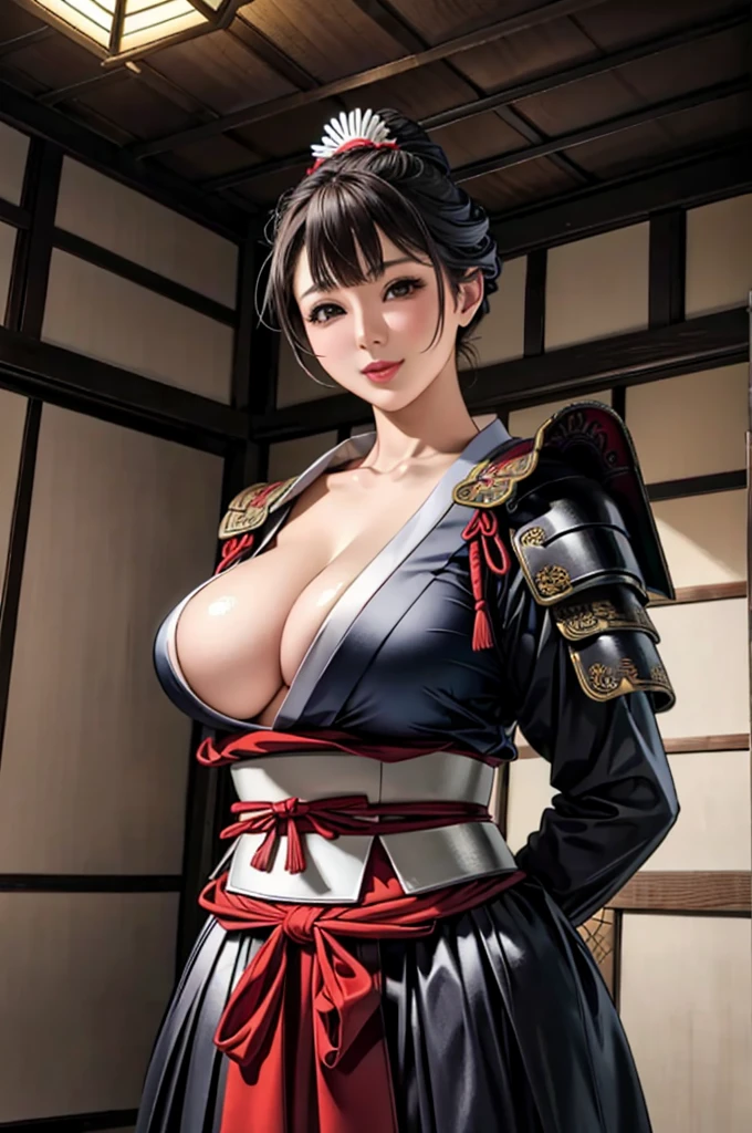 (Browsing Caution), (RAW Photos), (Realistic), (Photorealistic), Ultra-high resolution, masterpiece, Highest quality, Portraiture, facial Portraiture, Perfect lighting, Detailed lighting, Dramatic Shadows, Ray Tracing, Pure Eros Face_v1, Urzan-6500-v1.1, (1 beautiful Japanese woman), ((gentle smile)), ((upper body:1.2)), ((random standing pose)), looking at viewer, ((wearing a samurai armor)), ((in old Japanese castle)),