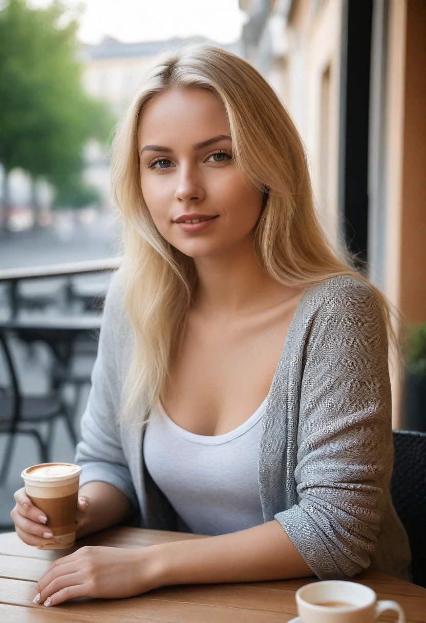 realistic, young blonde woman, athletic, a terrace, café