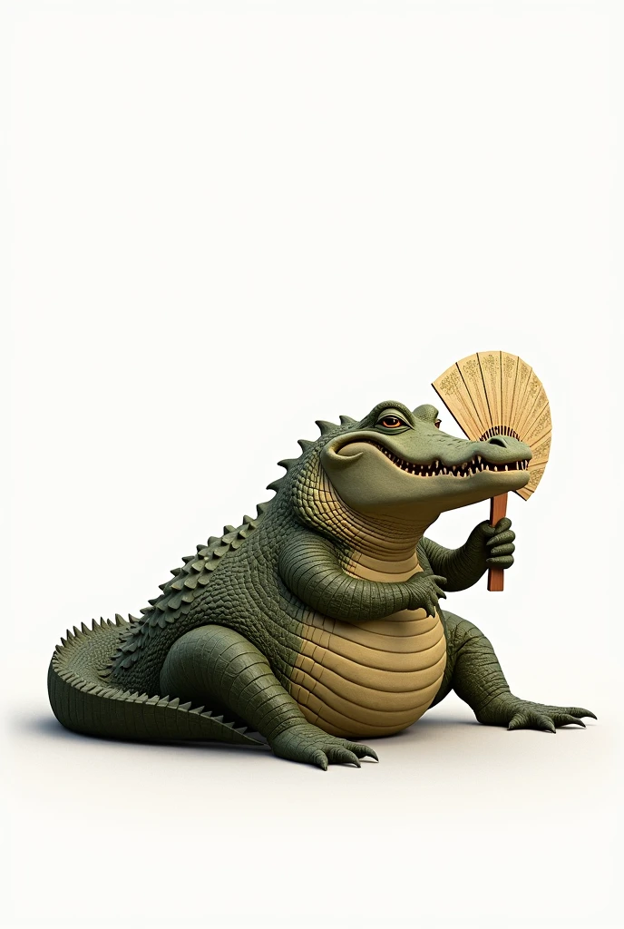 An alligator fanning itself with a fan on a white background