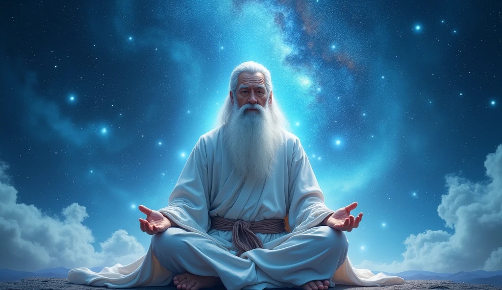 middle-aged bonze elder sitting in blue galaxy close-up，A meditative，There is a white beard，Meditation cross-legged，Daoism, Wear a white robe and a white belt，at centre，Face the lens，Space starry sky background，milky ways，Taoist master,Taoist，universe background，Very bright colors, Light particles, with light glowing, Mshiv, wallpaper art, UHD wallpaper