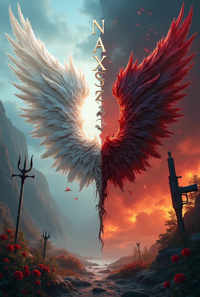 There is a white fantasy title "NAXZOSS" written on a half cutted white wing of a fairy and half cutted wing of a devil. The wings are covered with blood and fire. The background is half fairy land where fairies & some flowers and half background is devil land where devils & skeletons. A half cutted trident and half cutted gun used in the title. A realistic, 3D, aesthetic, and fantasy poster.
