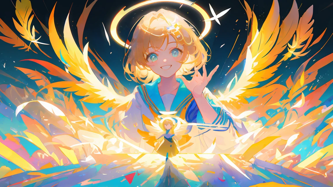 (masterpiece:1.2), best quality,pixiv,official art,perfect anatomy, (Ray tracing, light),solo, Masterpiece, best quality, super detailed, illustration, close-up, direct view, face focus, 1girl, look at the viewer , JK uniform, golden hair , cyan eyes, smile, angel halo, feather wings, full body, angel