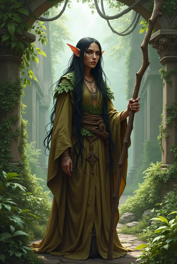 Create a dungeons and dragons character image of an older female tribal elve mage with light brown skin, small lips, pointed ears long unkempt wild black hair in a brown and green robe made of leafs holding a wooden staff in ruin in a forest