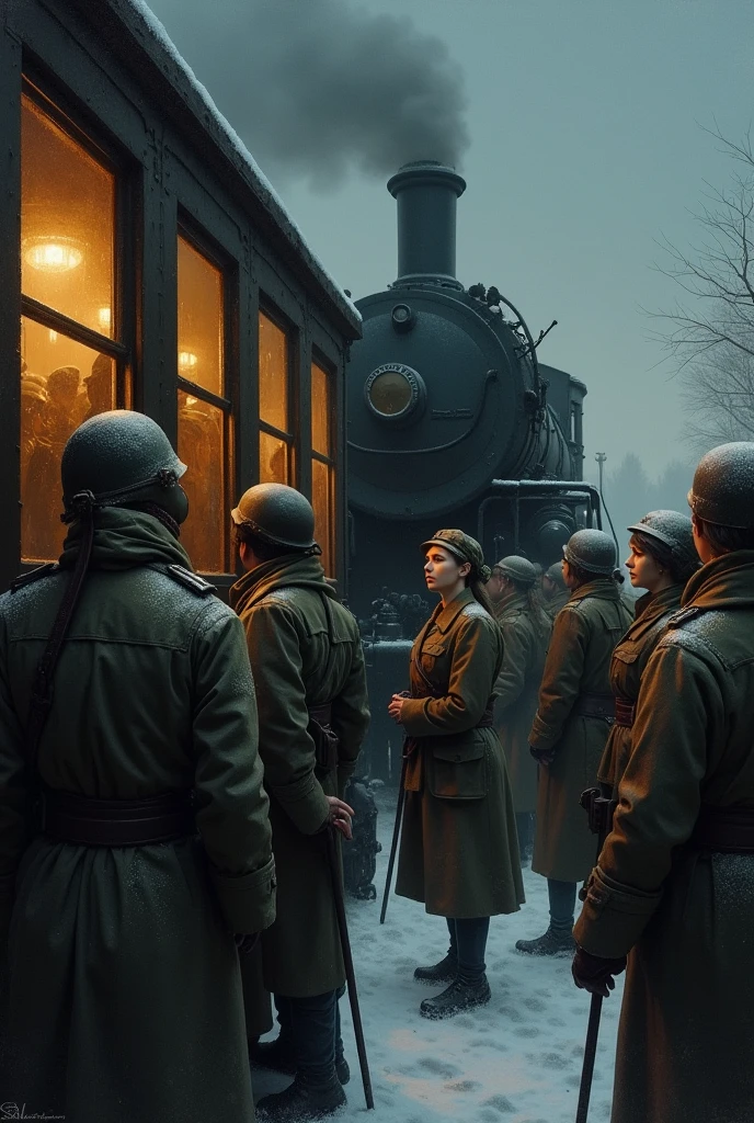 masterpiece, best quality,Soviet female soldiers,Steam locomotive interior,Lie on the window,World War II,TRAIN STATION,About to travel,dimly lit scene,Dim Lights,Snow