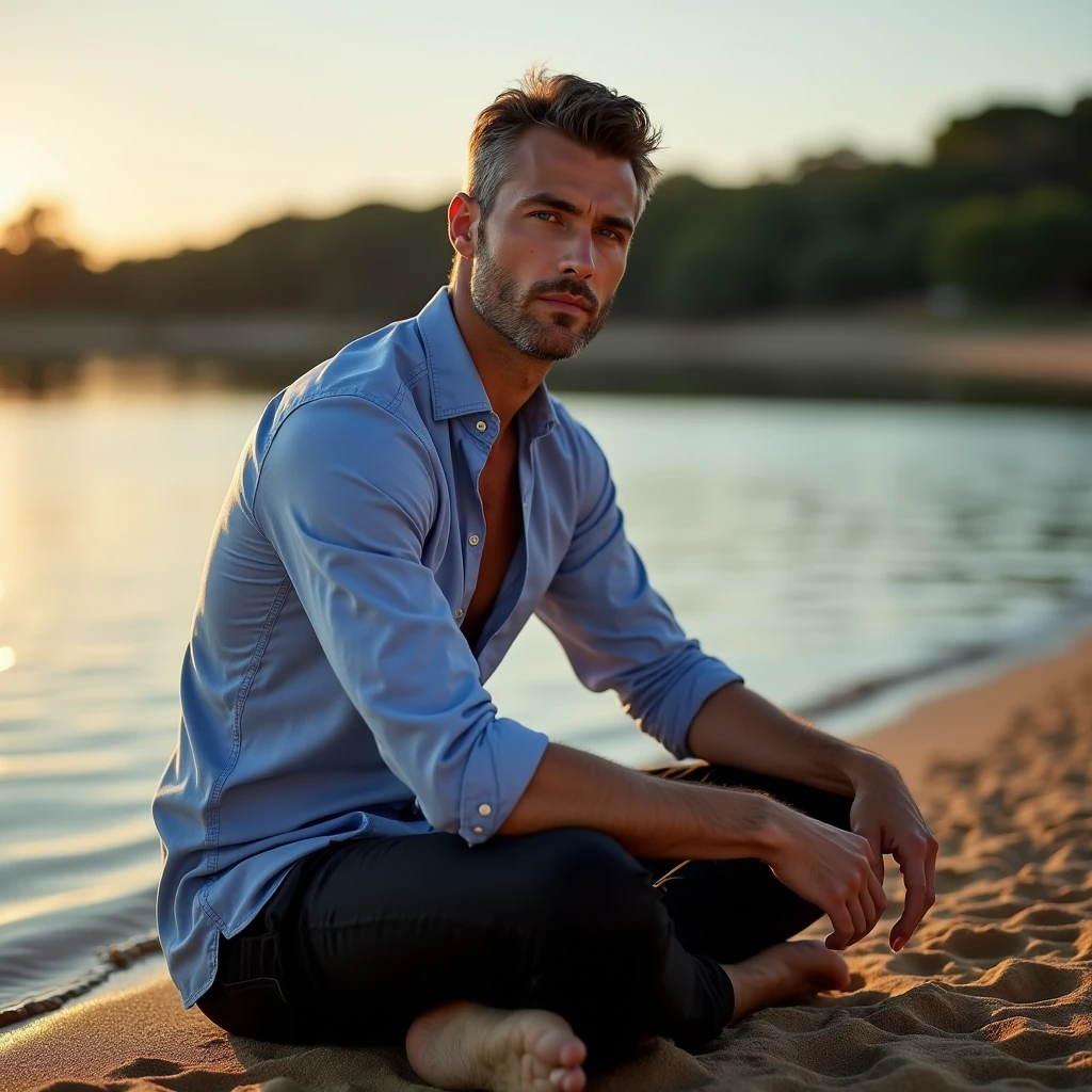 A white man, model type, com 30 anos, no hair on the face, blue colored eyes, wearing a blue white shirt and black pants, sitting sideways with feet in the sand on a lake in Alentejo at sunrise and looking at the cam in a sexy way