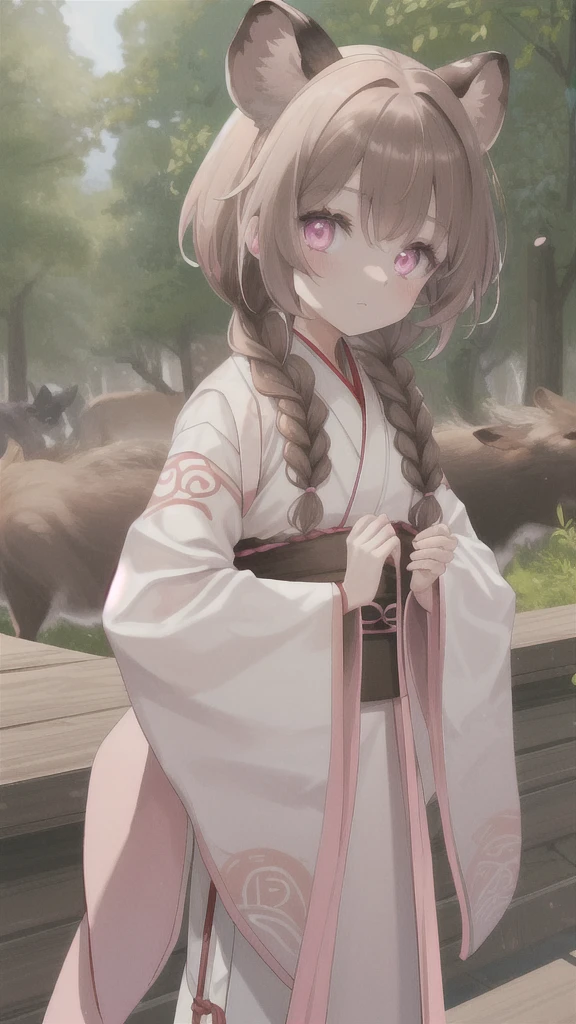 wild boar,Short brown hair,There are white braids on both sides of the hair,Pink eyes,Brown Hanfu and white fluff,Thin