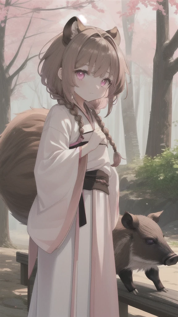 wild boar,Short brown hair,There are white braids on both sides of the hair,Pink eyes,Brown Hanfu and white fluff,Thin