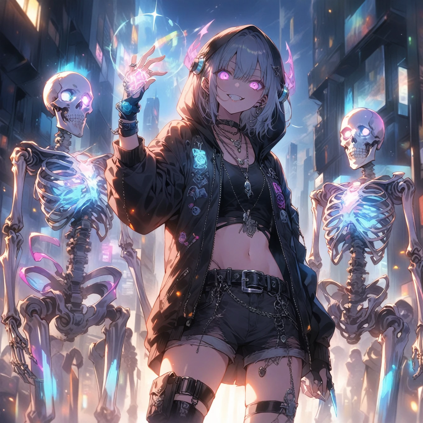 score_9_up, score_9, score_8_up, score_7_up, source_anime,masterpiece, best quality, high resolution, extremely detailed CG, absurdres, highres,In the cyberpunk city, several glowing mechanical skeletons are standing in front of a young girl. The girl, dressed in a punk-inspired outfit with a hooded jacket and neon headphones, raises her tattooed right hand, which is wearing silver jewelry and a silver ring, and glows with a magical light, 1girl, glowing, shorts, hood, navel, jewelry, fingerless gloves, belt, midriff, gloves, glowing eyes, jacket, tattoo, short hair, skeleton, necklace